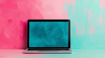 Laptop screen displaying a creative design, surrounded by colorful abstract shapes, digital creativity, business and technology