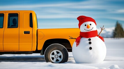 A yellow pickup truck parked in the snow next to a snowman wearing a red hat and scarf.