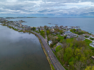 Straits Pond and Hull coast aerial view in a cloudy in town of Hull, Massachusetts MA, USA. 