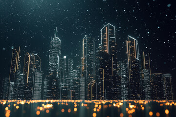 Wall Mural - A futuristic city skyline with glowing skyscrapers under a starry night sky.  Generative AI.