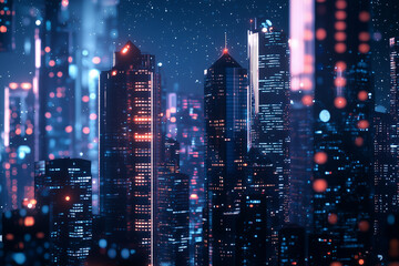 Wall Mural - A futuristic city skyline with glowing skyscrapers under a starry night sky.  Generative AI.