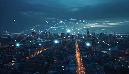 Futuristic urban skyline illuminated at night, showcasing advanced wireless network connections and innovative technology integration in the city landscape