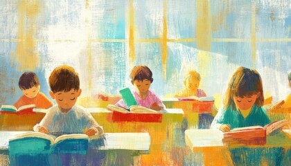 Illustration Children are learning together at school. Illustration Children reading a book. Ilustrasi pencil style texture. Colorful Classroom Scene with Happy Students.