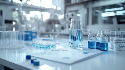 Poster - Futuristic blue science laboratory scene featuring a doctor using a tablet for electronic medical records, with holographic displays of DNA and digital healthcare networks.