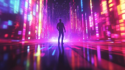 Poster - A person's silhouette is highlighted by colorful neon lights, surrounded by a digital backdrop that creates a mesmerizing atmosphere