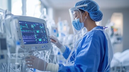 Poster - A futuristic flyer design featuring a glowing heartbeat line forming a heart shape, centered on a blue health science laboratory background
