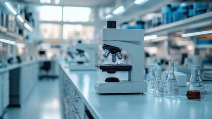 Poster - A professional flyer design featuring a blue health science laboratory setting with elements like petri dishes, digital screens displaying medical analytics, and a central focus on a DNA helix