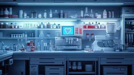 Poster - A professional flyer design featuring a blue health science laboratory setting with elements like petri dishes, digital screens displaying medical analytics, and a central focus on a DNA helix