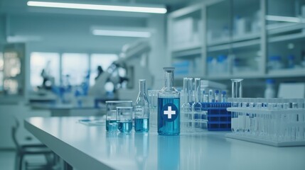 Poster - A professional flyer design featuring a blue health science laboratory setting with elements like petri dishes, digital screens displaying medical analytics, and a central focus on a DNA helix