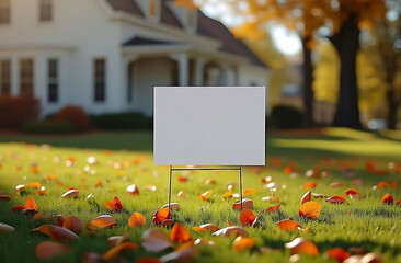 Blank yard sign in green grass on the white house background. Yard sign mockup in sunny autumn day