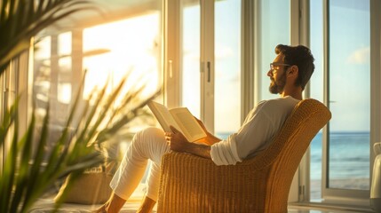Poster - A man relaxes in a comfortable chair, deeply engrossed in a book, surrounded by bright sunlight streaming through large windows that reveal a stunning ocean view.