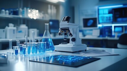 Poster - Medical snake symbol prominently displayed on a white lab bench, with a clean and professional background featuring organized scientific instruments and a spotless laboratory environment.