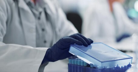 Poster - Hands, gloves and blood sample in lab with box for test, assessment or clinical analysis at pharma company. Scientist, person and plastic container with dna, results and ppe with vaccine development