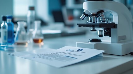 Poster - A corporate flyer with detailed company information and branding, displayed on a white science laboratory surface, surrounded by neatly organized lab instruments and a sterile lab setting.