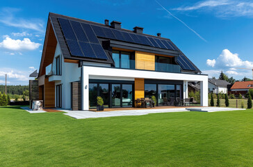 Modern house with a black roof and white walls, two floors, a terrace on the first floor, a garden in front of it, photo from the outside