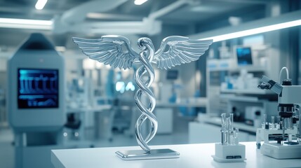 Poster - Hospital flyer featuring healthcare and medical care information, displayed on a white laboratory table with a background of high-tech lab instruments and a clean, organized lab setting.