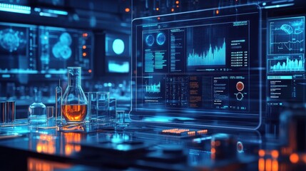 Poster - Caduceus symbol rendered in high resolution on a white laboratory workbench, with a background of high-tech scientific equipment and a clean, organized setting.