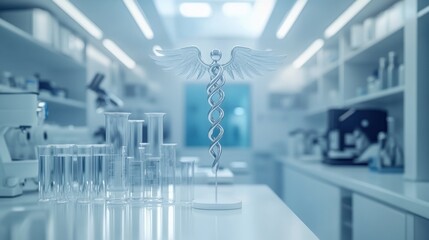 Poster - Flatlay of a blue table with various medical items: stethoscope, thermometer, syringe, pills, and medical documents, arranged with top view and space for custom text.
