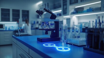 Poster - Flyer with scientific content designed in InDesign, positioned on a white laboratory workbench, with a backdrop of advanced lab equipment and a clean, professional environment.