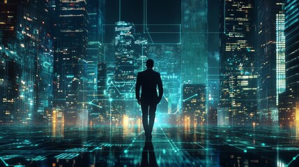 Business technology concept, Professional business man walking on future network city background and futuristic interface graphic at night, Cyberpunk color style