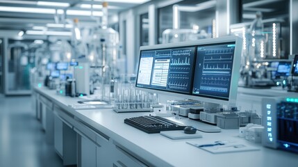 Poster - A clean and organized flyer design set in a blue health science laboratory environment, featuring a scientist working with a digital tablet displaying research data