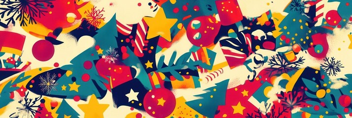 Poster - This colorful abstract design blends various Christmas symbols, creating a lively festive atmosphere filled with joy and warmth. Generative AI