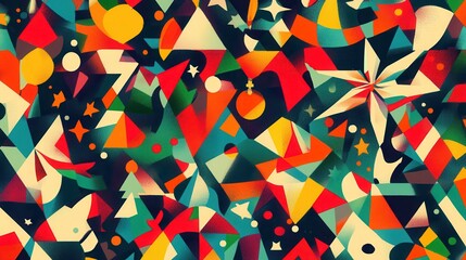 Wall Mural - This artwork showcases a lively abstract pattern filled with Christmas elements such as trees, stars, snowflakes, and gifts in rich colors. Generative AI