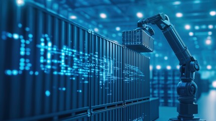 Poster - Robotic Arm Handling Metal Containers in Freight Shipping