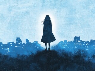 Poster - Silhouette of a Woman in front of a Cityscape.