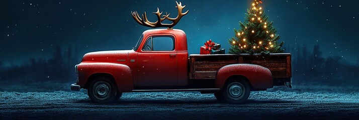 Red vintage truck with reindeer antlers and a Christmas tree on the back