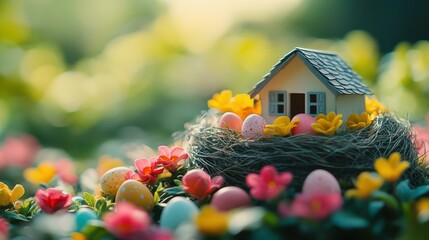 Poster - Delight in a tiny house cradled in a nest of vibrant Easter eggs and fresh spring blooms, evoking festive joy and renewal.