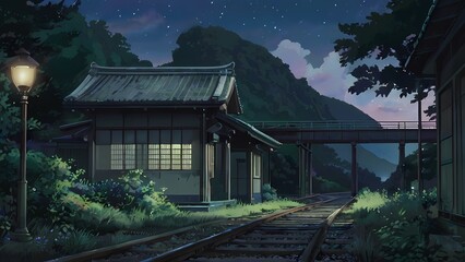 ゲーム背景　アジアの山奥に残る廃線となったレトロ電車の夕焼け車庫基地風景