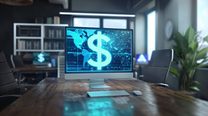 Poster - dollar sign virtual display in modern office digital business financial transaction, cash flow in business, secure finance network, business finance concept photo