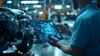 © Aziz - Car business concept and technology on virtual screen, Serviceman working onsite use tablet check service cycle for maintenance of car with the engine room in the background, Smart work of car service