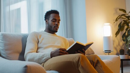 Aufkleber - A man in comfortable attire is deeply engaged in reading a book while seated on a plush sofa. A warm light glows from nearby, creating a peaceful ambiance in the bright room.