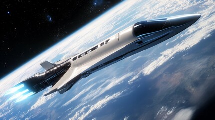 Fototapete - A white spacecraft with a black engine is seen flying through the sky. It is above the clouds and against a black background with a few stars visible. The spacecraft has a blue exhaust plume.