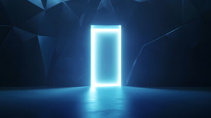 Wall Mural - 3d render, abstract blue geometric background. bright light going through the door portal inside the empty dark room. Dimensional Rift. Illustration