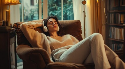 Aufkleber - A young woman enjoys her time at home, reclining on a comfortable chair while wearing headphones