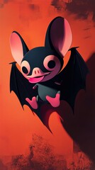 Poster - Cute Cartoon Bat Flying Against Orange Background