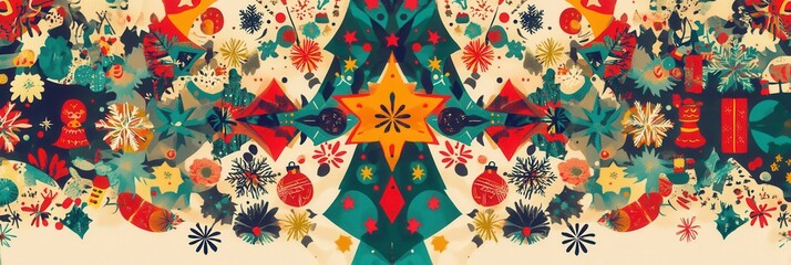 Wall Mural - This artwork showcases a colorful array of Christmas symbols intertwined in an intricate abstract design, celebrating the holiday spirit. Generative AI