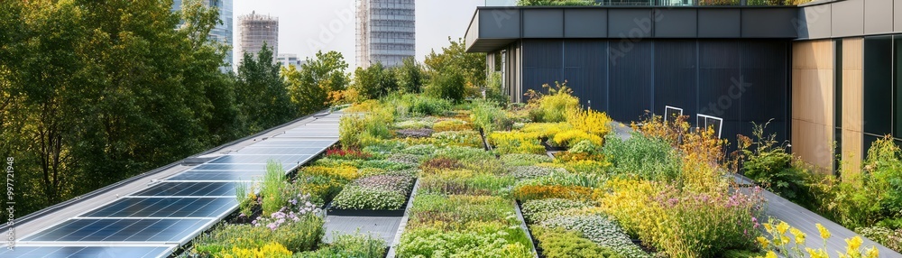 Curated visual reference: Modern High Rise Building Rooftop Gardens With Energy Efficient Features Reference: Rooftop Gardens And Solar Installations On Commercial Buildings In A