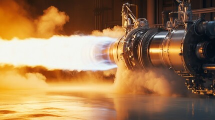 Poster - A jet engine is being tested, emitting a fiery exhaust and clouds of vapor. The powerful thrust showcases engineering precision in an industrial testing environment.