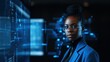 © Iona - A poised professional stands in front of a high-tech interface full of data visuals, emphasizing the concepts of artificial intelligence and cybersecurity.