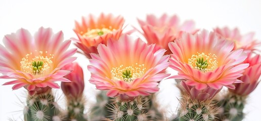 A close-up of vibrant pink cactus flowers blooming against a white background.