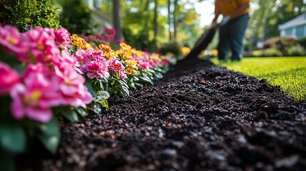 A gardener spreading mulch around flower beds, the rich dark mulch contrasting with bright, blooming flowers, soft shadows created by the early afternoon sun, a well-maintained garden background.