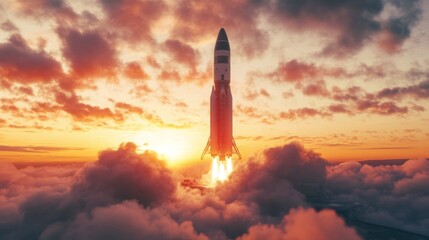 Aufkleber - A rocket ascends from the launchpad at sunset, surrounded by colorful clouds and bright streaks of light. The powerful engines ignite, sending billowing smoke and flames into the evening sky.