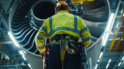 Wall Mural - A technician inspecting a large jet engine in a modern industrial facility, highlighting safety and engineering practices.