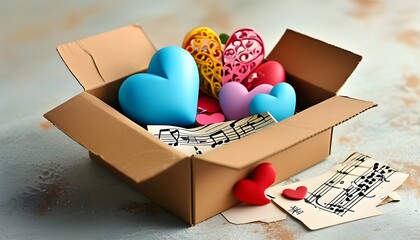 Colorful heart and musical notes emerging from an open cardboard box, symbolizing the joy and gift of love