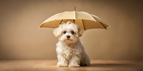 white brown maltese puppy sitting under a beige umbrella on a gradient beige background with copy sp
