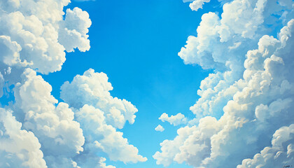 Fluffy, cartoonish clouds floating in a bright blue sky, creating a cheerful and light-hearted atmosphere